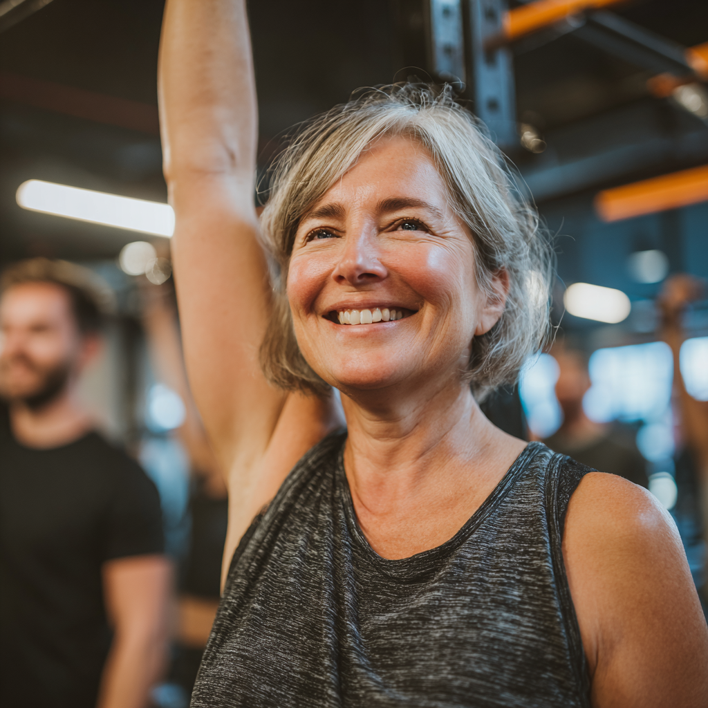 Middle-aged woman celebrating fitness achievement in welcoming gym atmosphere showing genuine happiness