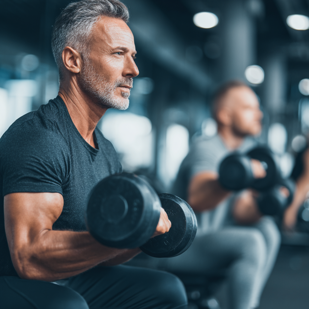 Professional fitness trainer demonstrating proper form for middle-aged adults in modern gym environment